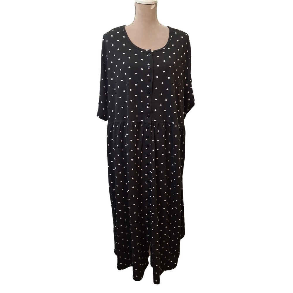 Woman Within Black Polka Dot Button Front Maxi Dress Pockets 30/32 3X